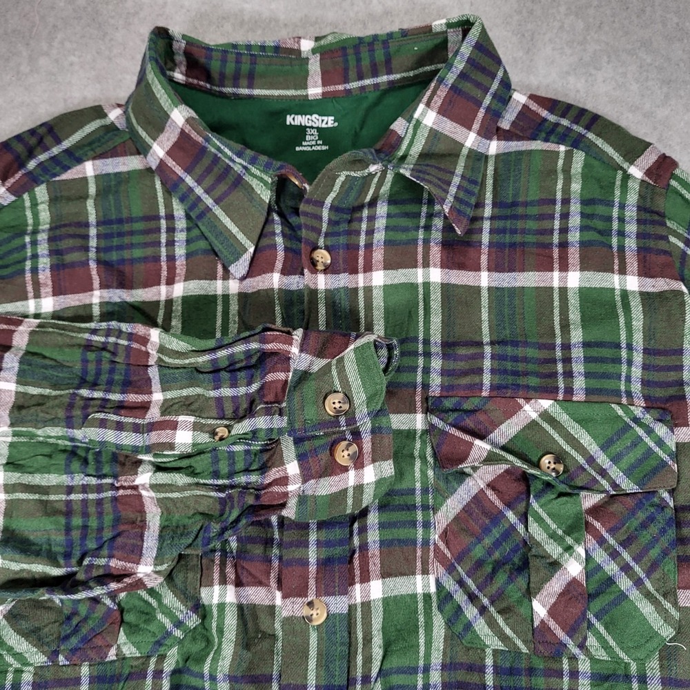 KingSize‎ Flannel Long Sleeve Button Up Shirt Mens 3XL Big Green Plaid